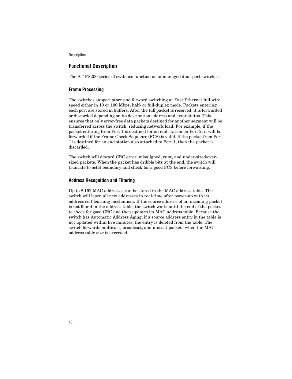 Functional description, Frame processing, Address recognition and filtering | Allied Telesis AT-FS203 User Manual | Page 20 / 50