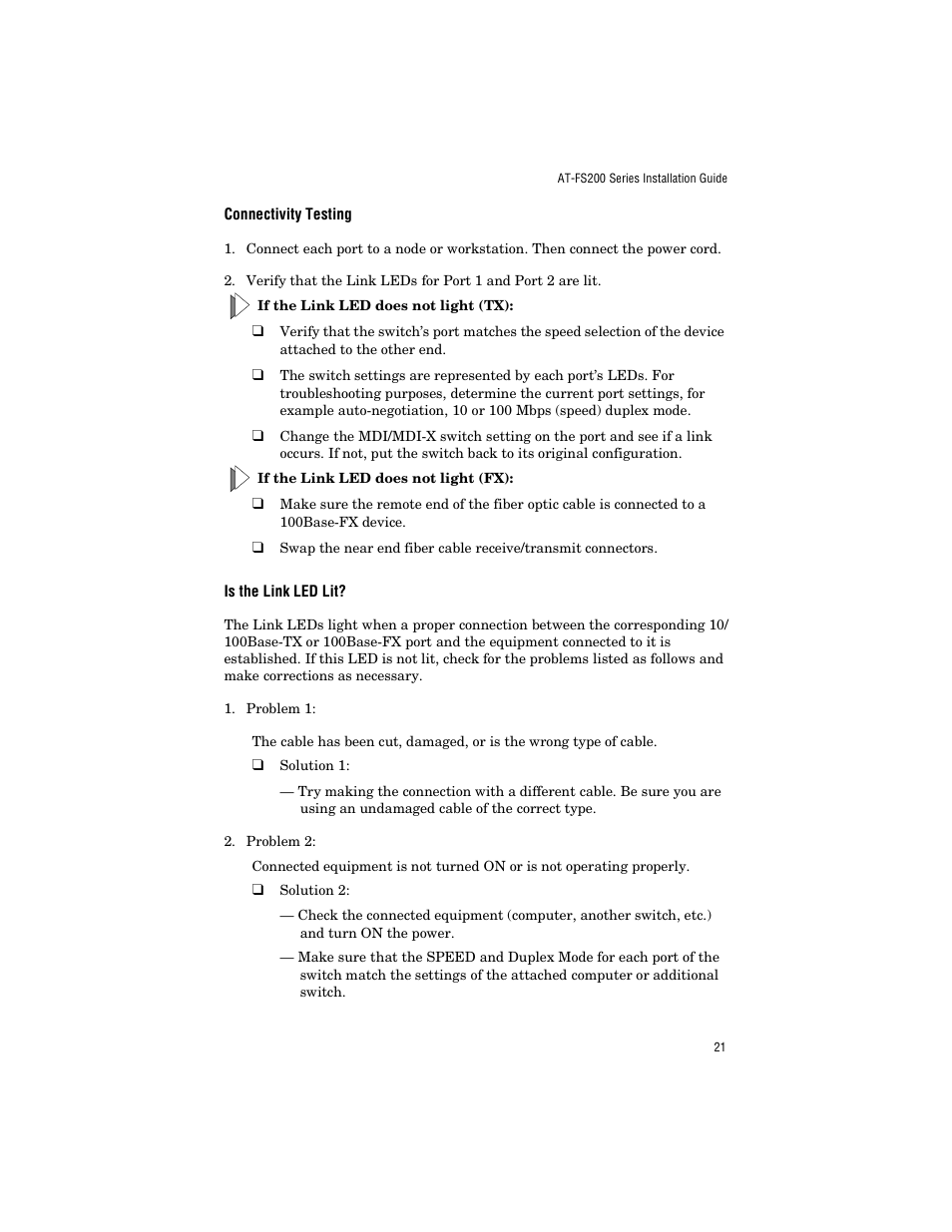 Connectivity testing, Is the link led lit | Allied Telesis AT-FS203 User Manual | Page 31 / 50