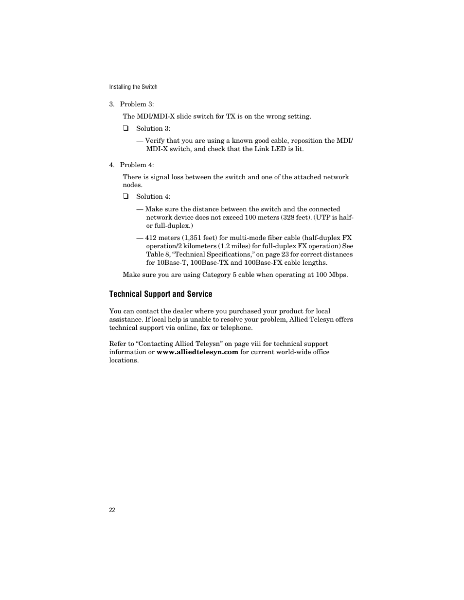 Technical support and service | Allied Telesis AT-FS203 User Manual | Page 32 / 50