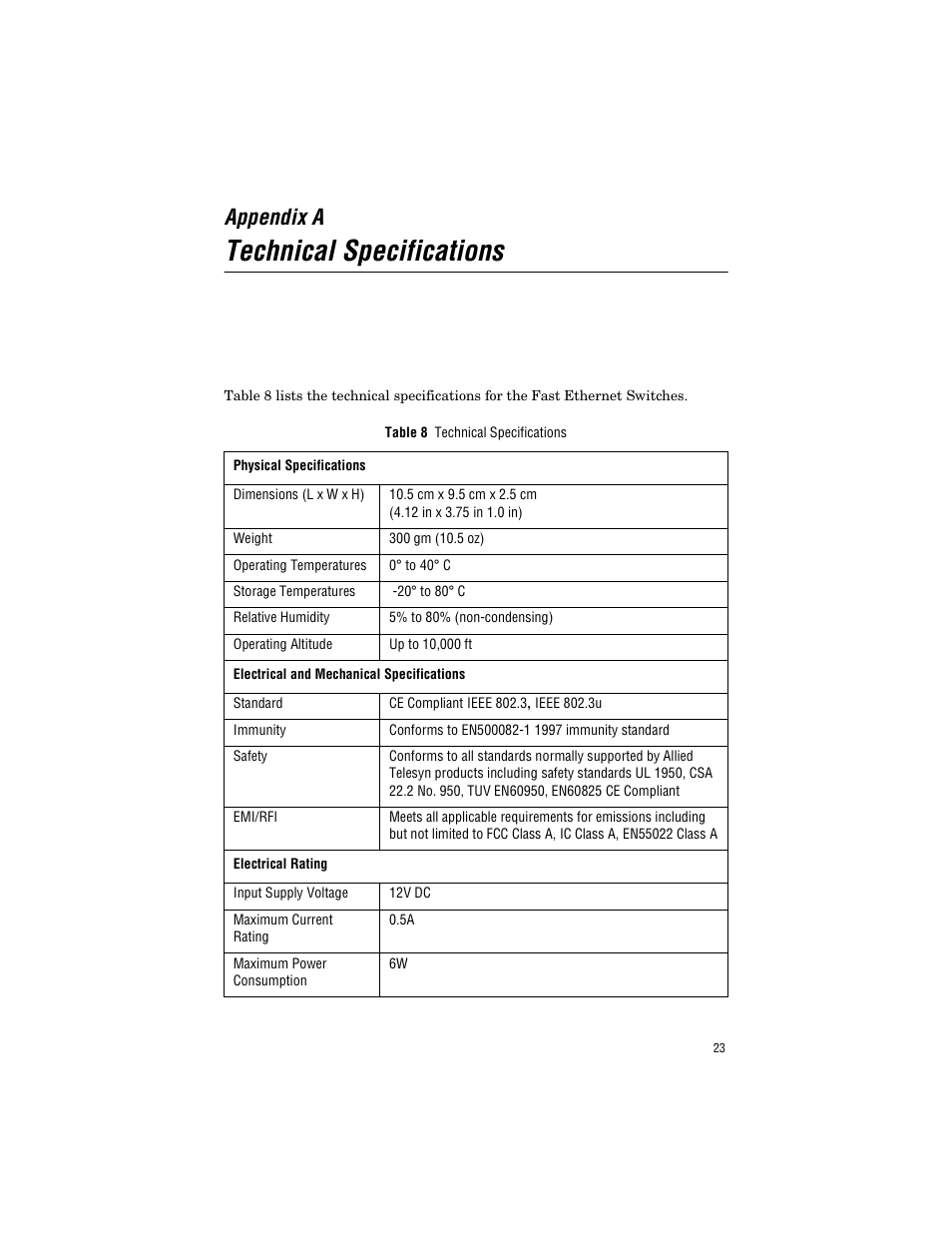 Appendix a, Technical specifications | Allied Telesis AT-FS203 User Manual | Page 33 / 50