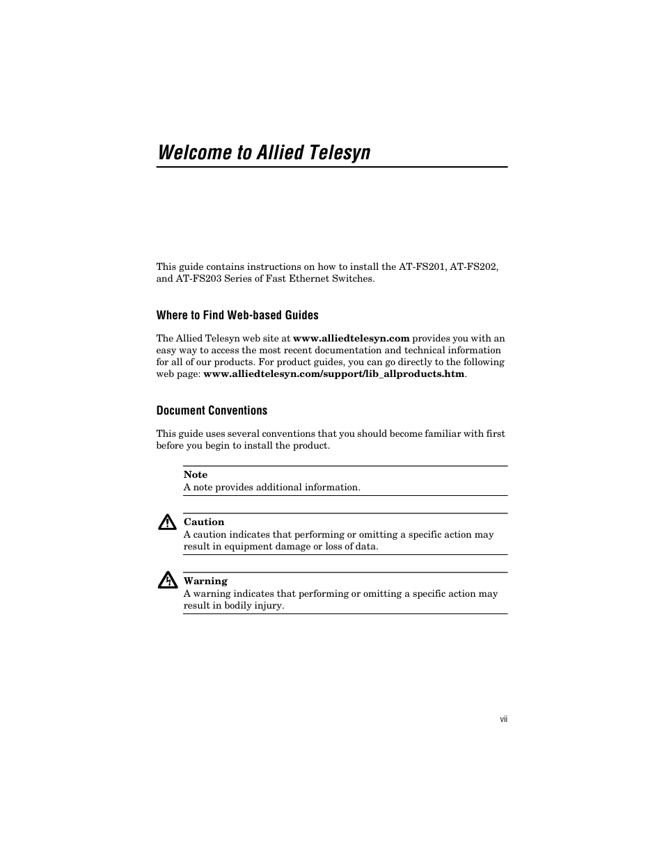 Welcome to allied telesyn, Where to find web-based guides, Document conventions | Where to find web-based guide | Allied Telesis AT-FS203 User Manual | Page 7 / 50