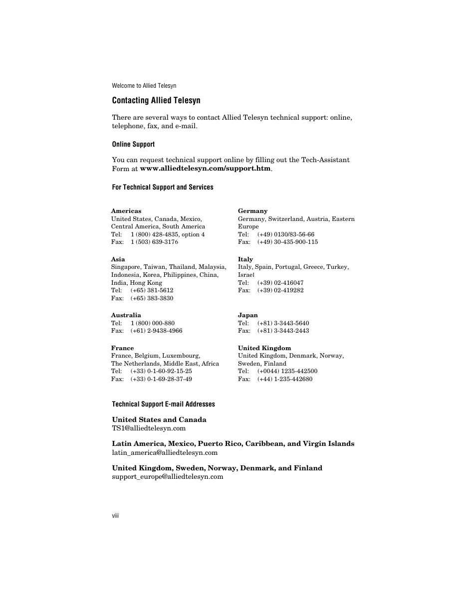 Contacting allied telesyn, Online support, For technical support and services | Technical support e-mail addresses, For technical support and service | Allied Telesis AT-FS203 User Manual | Page 8 / 50