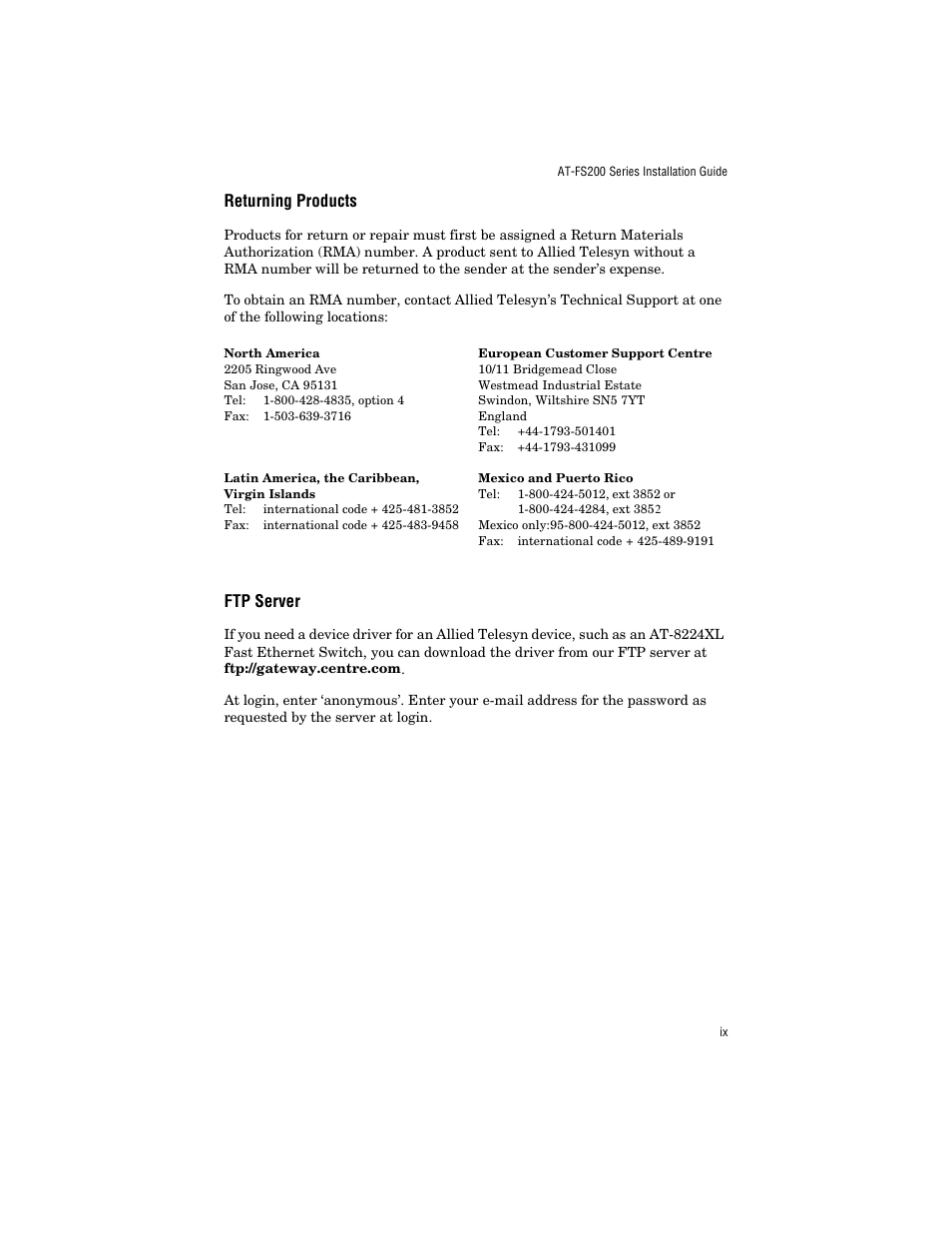 Returning products, Ftp server | Allied Telesis AT-FS203 User Manual | Page 9 / 50