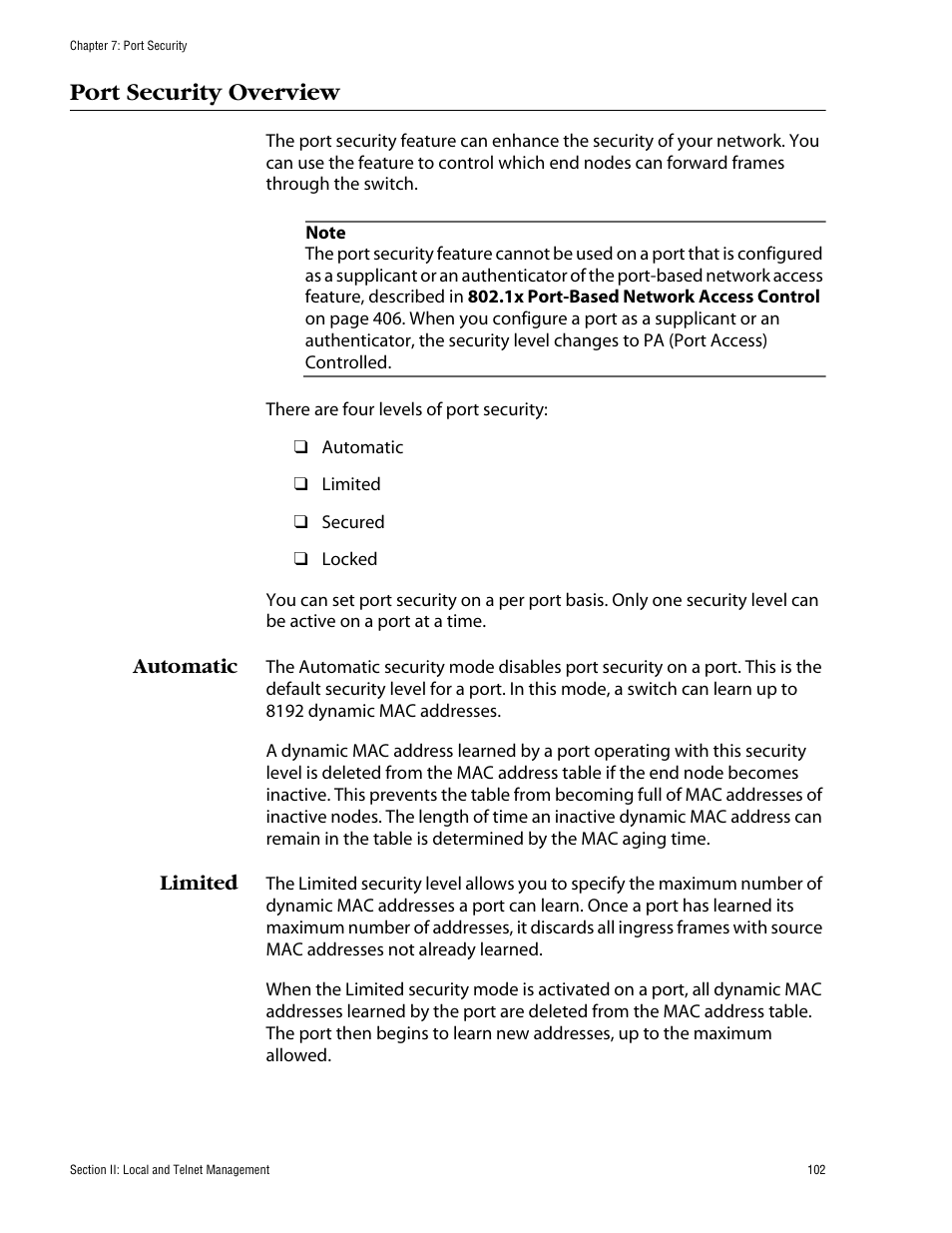 Port security overview, Automatic, Limited | Automatic limited | Allied Telesis AT-S60 User Manual | Page 103 / 615