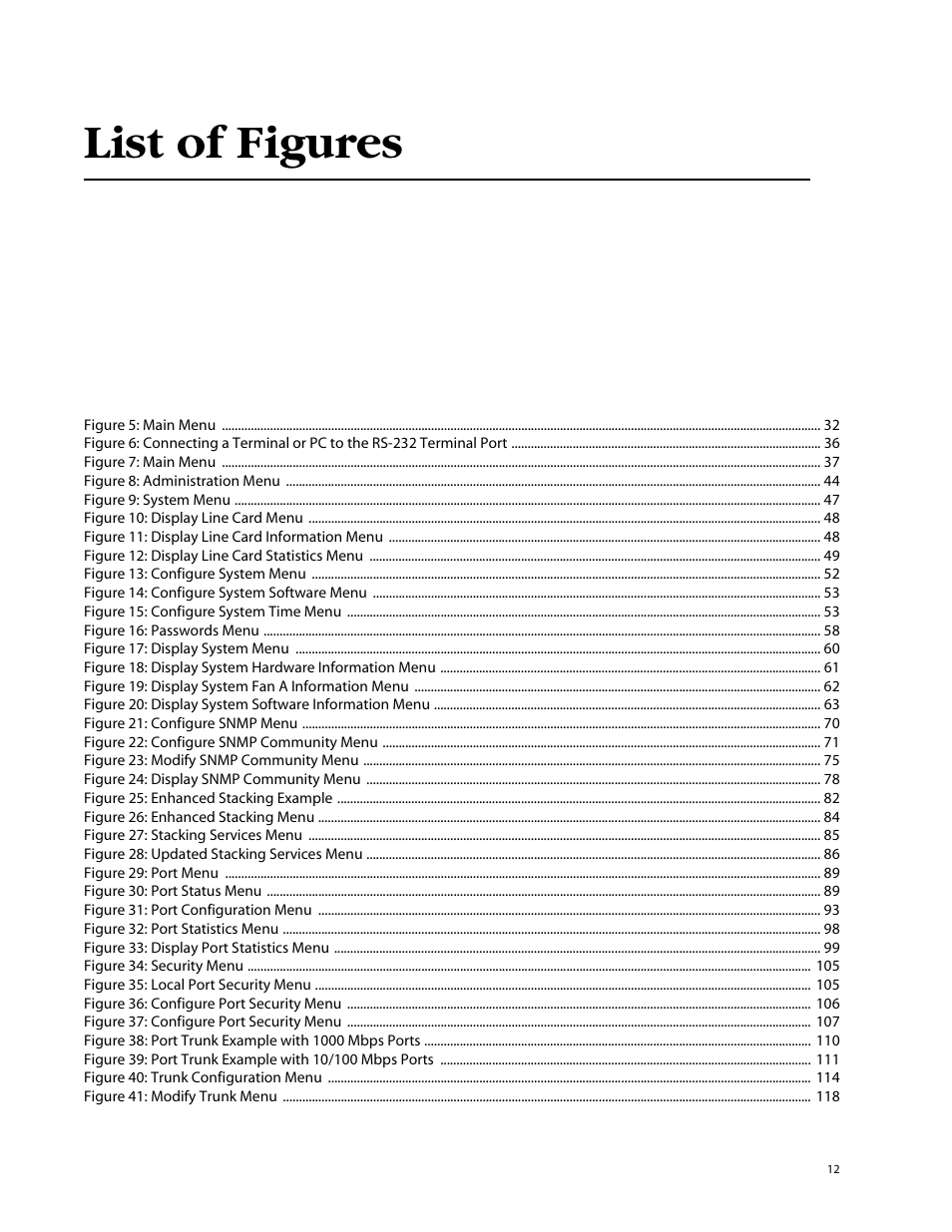 List of figures, Figure 5: main menu 32, Figure 7: main menu 37 | Figure 8: administration menu 44, Figure 9: system menu 47, Figure 10: display line card menu 48, Figure 11: display line card information menu 48, Figure 12: display line card statistics menu 49, Figure 13: configure system menu 52, Figure 14: configure system software menu 53 | Allied Telesis AT-S60 User Manual | Page 13 / 615