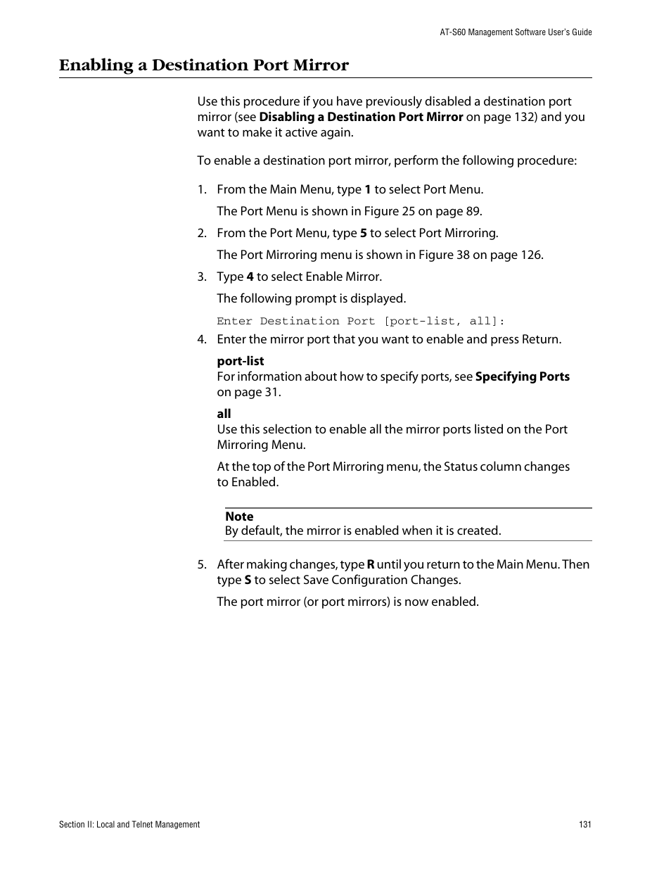 Enabling a destination port mirror | Allied Telesis AT-S60 User Manual | Page 132 / 615