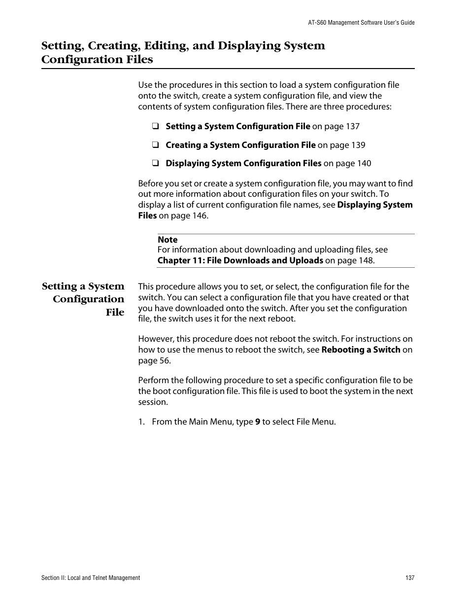 Setting a system configuration file, Setting, creating, editing, and displaying system | Allied Telesis AT-S60 User Manual | Page 138 / 615