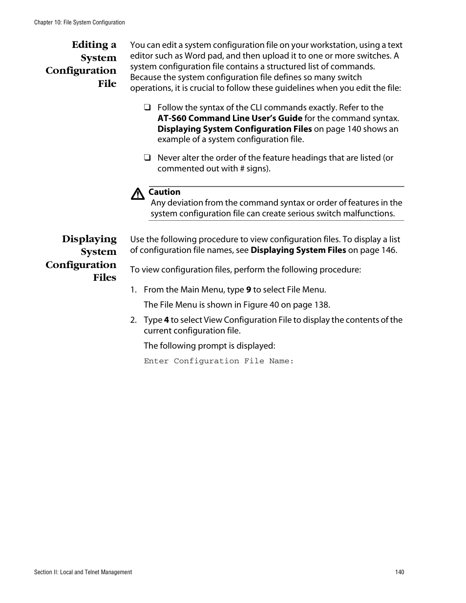 Editing a system configuration file, Displaying system configuration files | Allied Telesis AT-S60 User Manual | Page 141 / 615