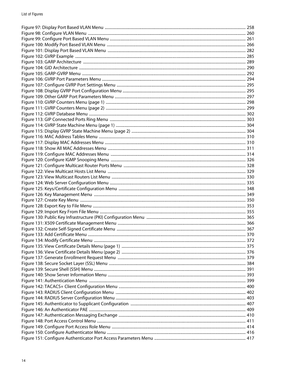 Figure 97: display port based vlan menu 258, Figure 98: configure vlan menu 260, Figure 99: configure port based vlan menu 261 | Figure 100: modify port based vlan menu 266, Figure 101: display port based vlan menu 282, Figure 102: gvrp example 285, Figure 103: garp architecture 289, Figure 104: gid architecture 290, Figure 105: garp-gvrp menu 292, Figure 106: gvrp port parameters menu 294 | Allied Telesis AT-S60 User Manual | Page 15 / 615