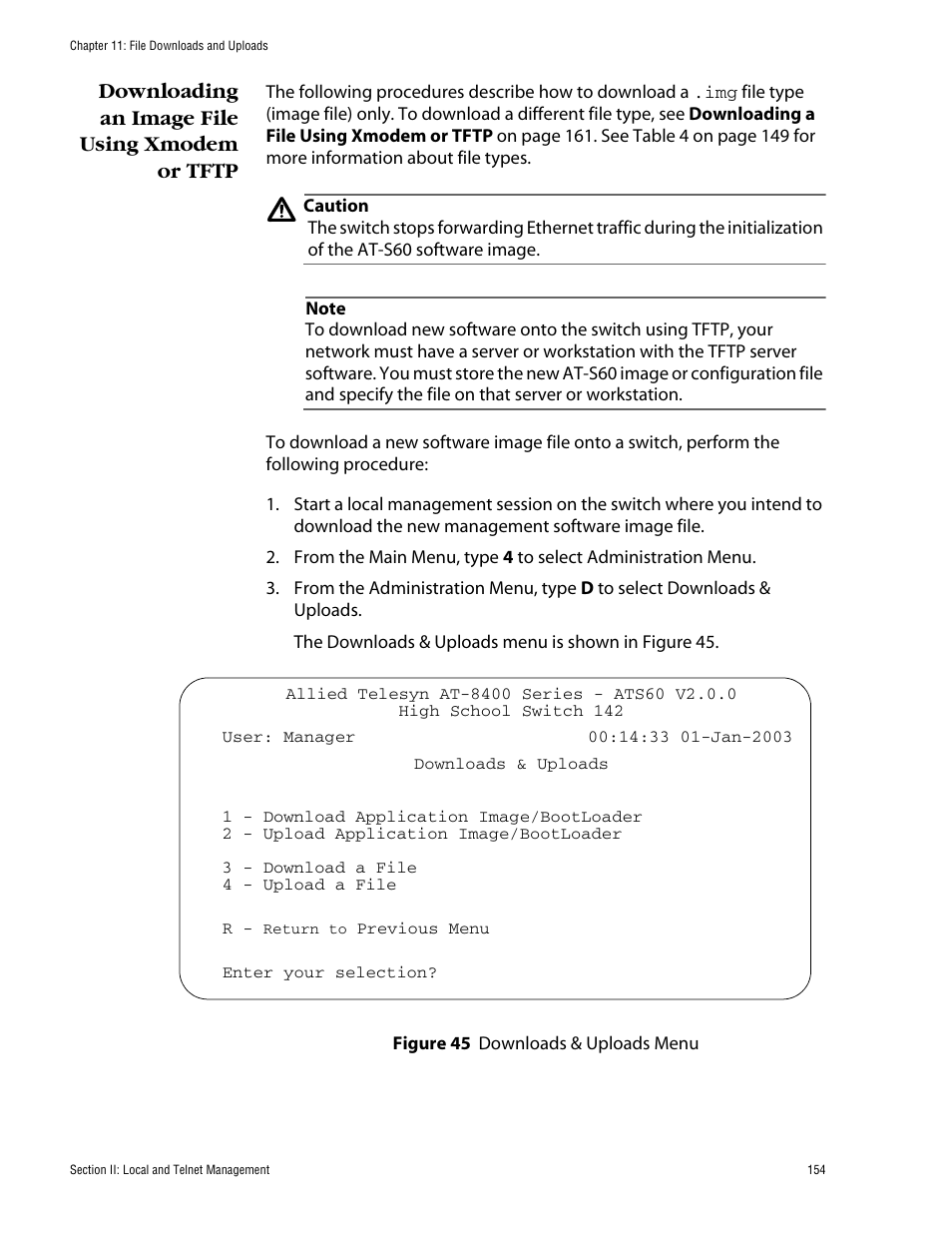 Downloading an image file using xmodem or tftp | Allied Telesis AT-S60 User Manual | Page 155 / 615