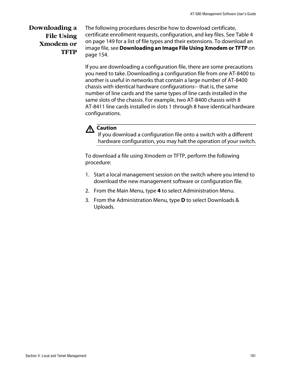 Downloading a file using xmodem or tftp | Allied Telesis AT-S60 User Manual | Page 162 / 615