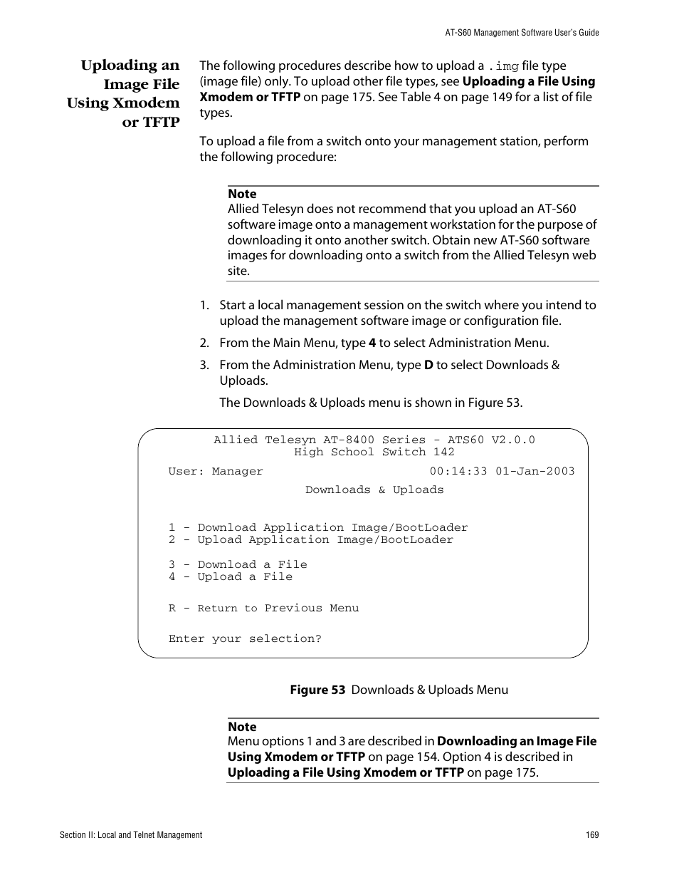 Uploading an image file using xmodem or tftp | Allied Telesis AT-S60 User Manual | Page 170 / 615