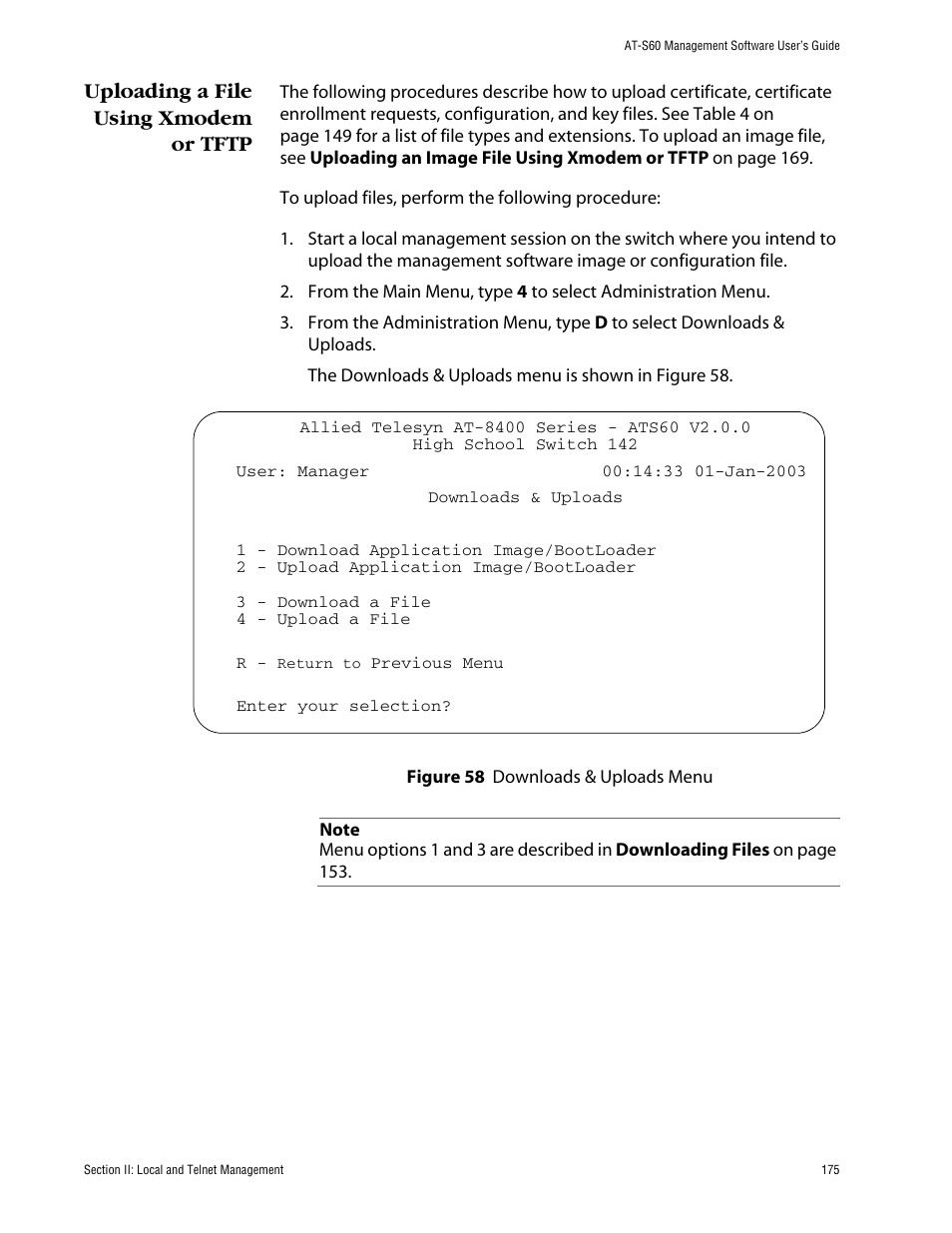 Uploading a file using xmodem or tftp | Allied Telesis AT-S60 User Manual | Page 176 / 615