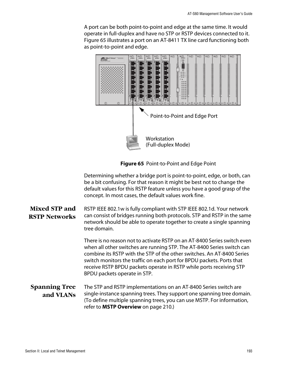 Mixed stp and rstp networks, Spanning tree and vlans | Allied Telesis AT-S60 User Manual | Page 194 / 615