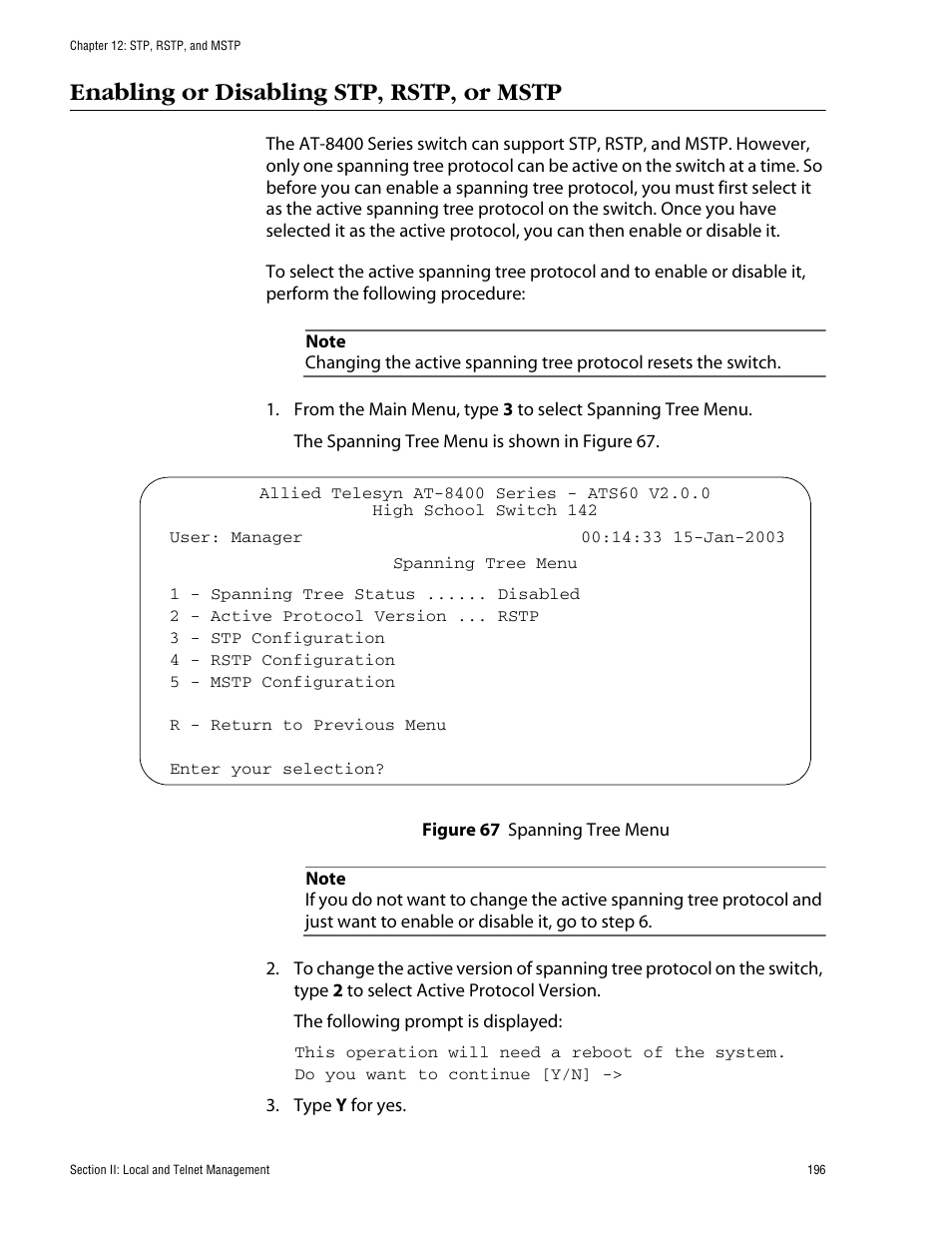 Enabling or disabling stp, rstp, or mstp | Allied Telesis AT-S60 User Manual | Page 197 / 615