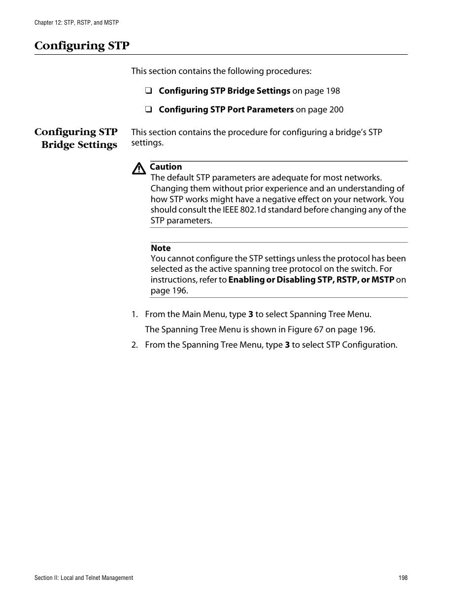 Configuring stp, Configuring stp bridge settings | Allied Telesis AT-S60 User Manual | Page 199 / 615