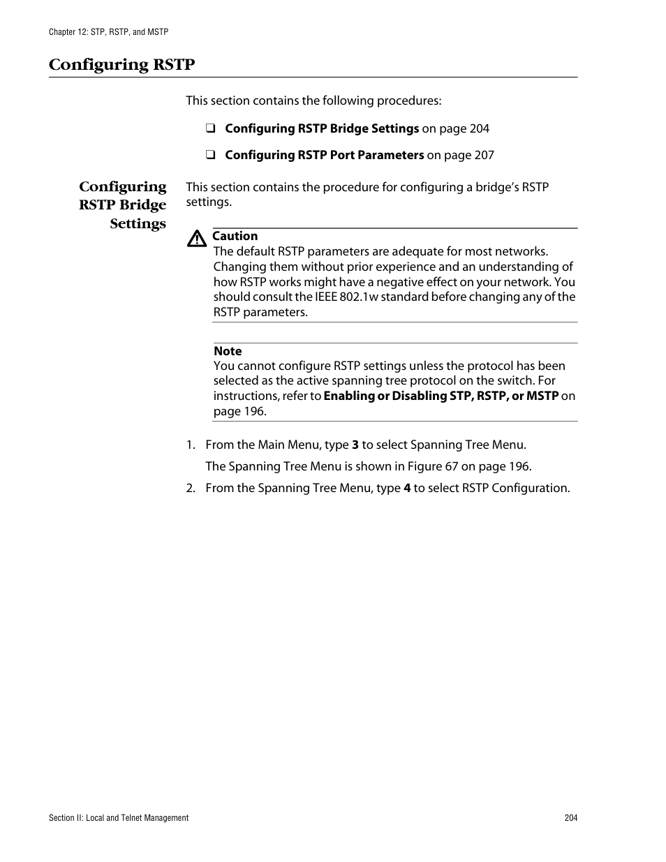 Configuring rstp, Configuring rstp bridge settings | Allied Telesis AT-S60 User Manual | Page 205 / 615