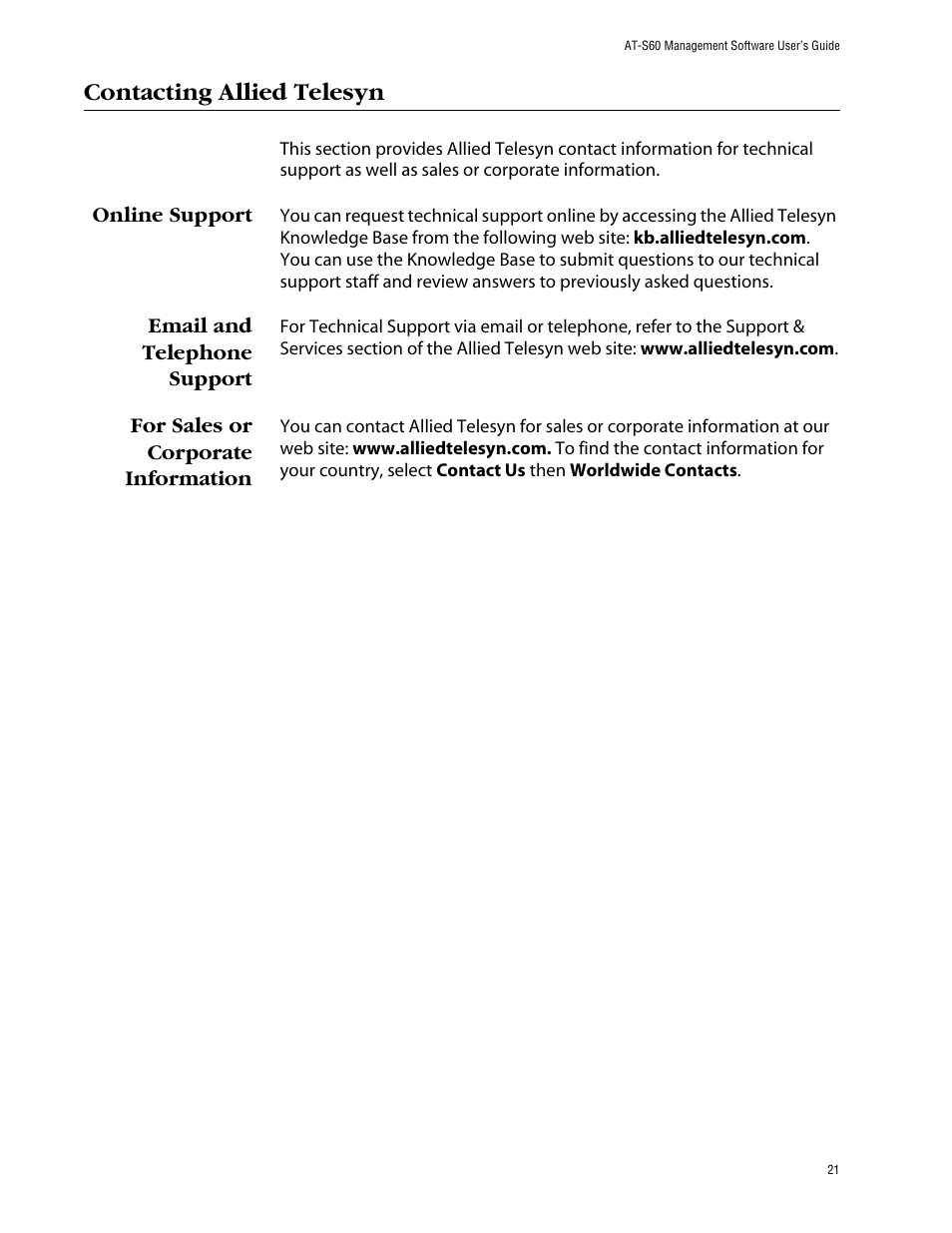 Contacting allied telesyn, Online support, Email and telephone support | For sales or corporate information | Allied Telesis AT-S60 User Manual | Page 22 / 615