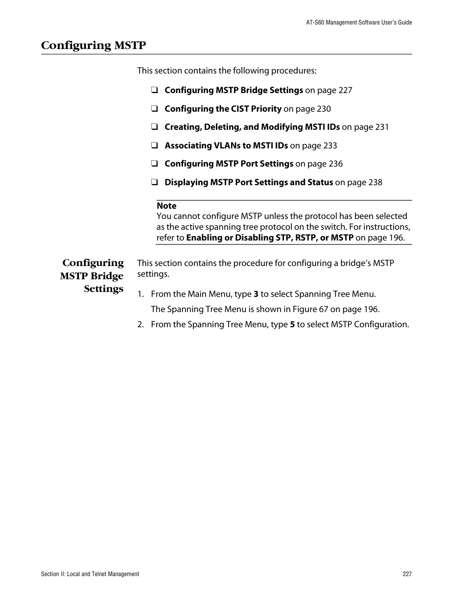 Configuring mstp, Configuring mstp bridge settings | Allied Telesis AT-S60 User Manual | Page 228 / 615
