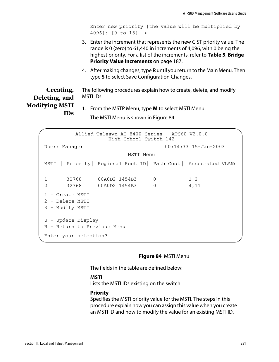 Creating, deleting, and modifying msti ids | Allied Telesis AT-S60 User Manual | Page 232 / 615