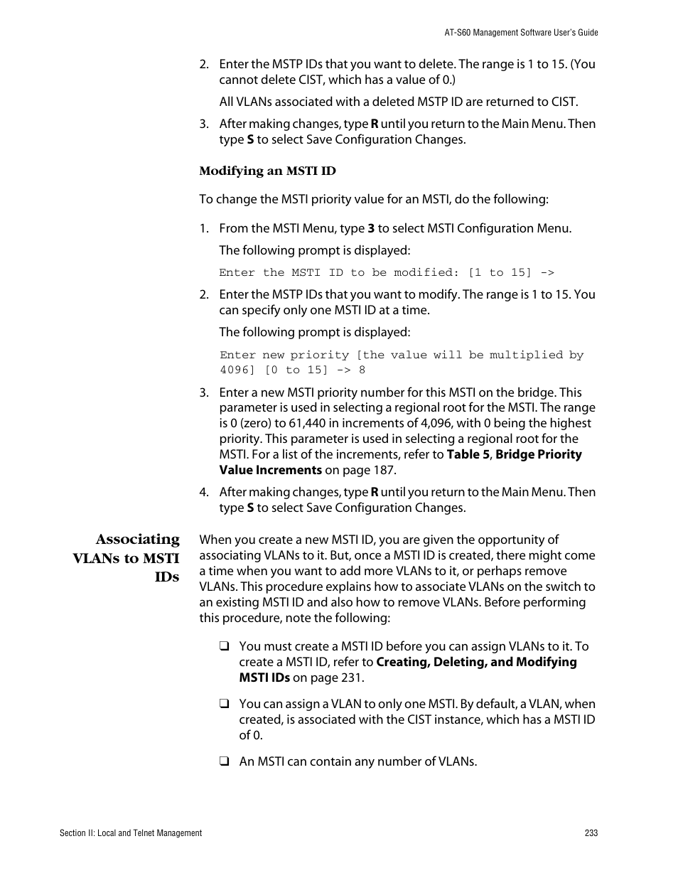 Associating vlans to msti ids | Allied Telesis AT-S60 User Manual | Page 234 / 615