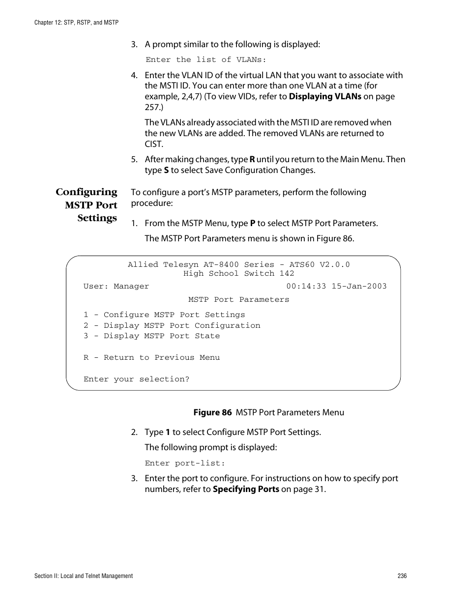 Configuring mstp port settings | Allied Telesis AT-S60 User Manual | Page 237 / 615