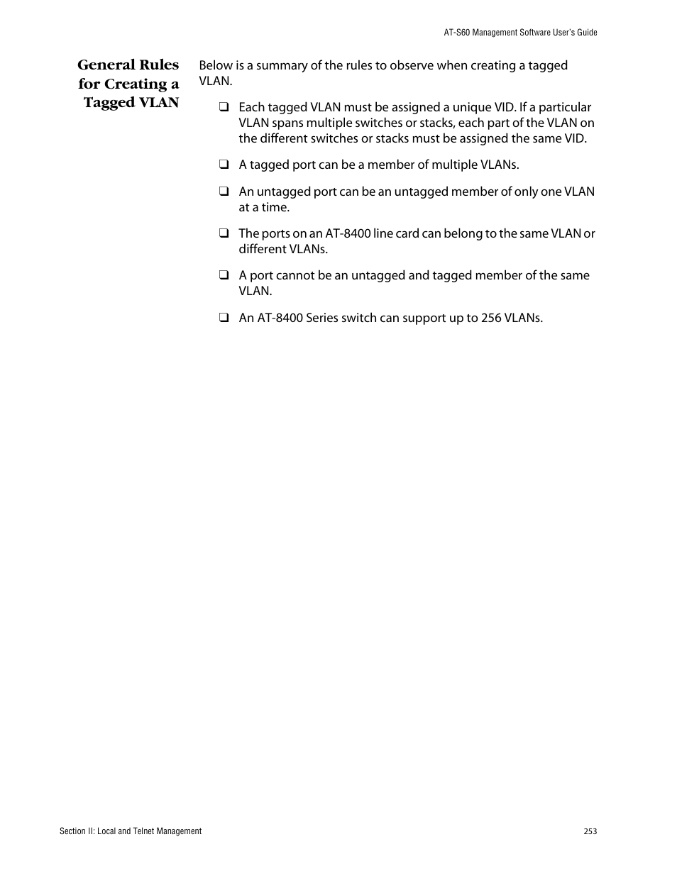 General rules for creating a tagged vlan | Allied Telesis AT-S60 User Manual | Page 254 / 615