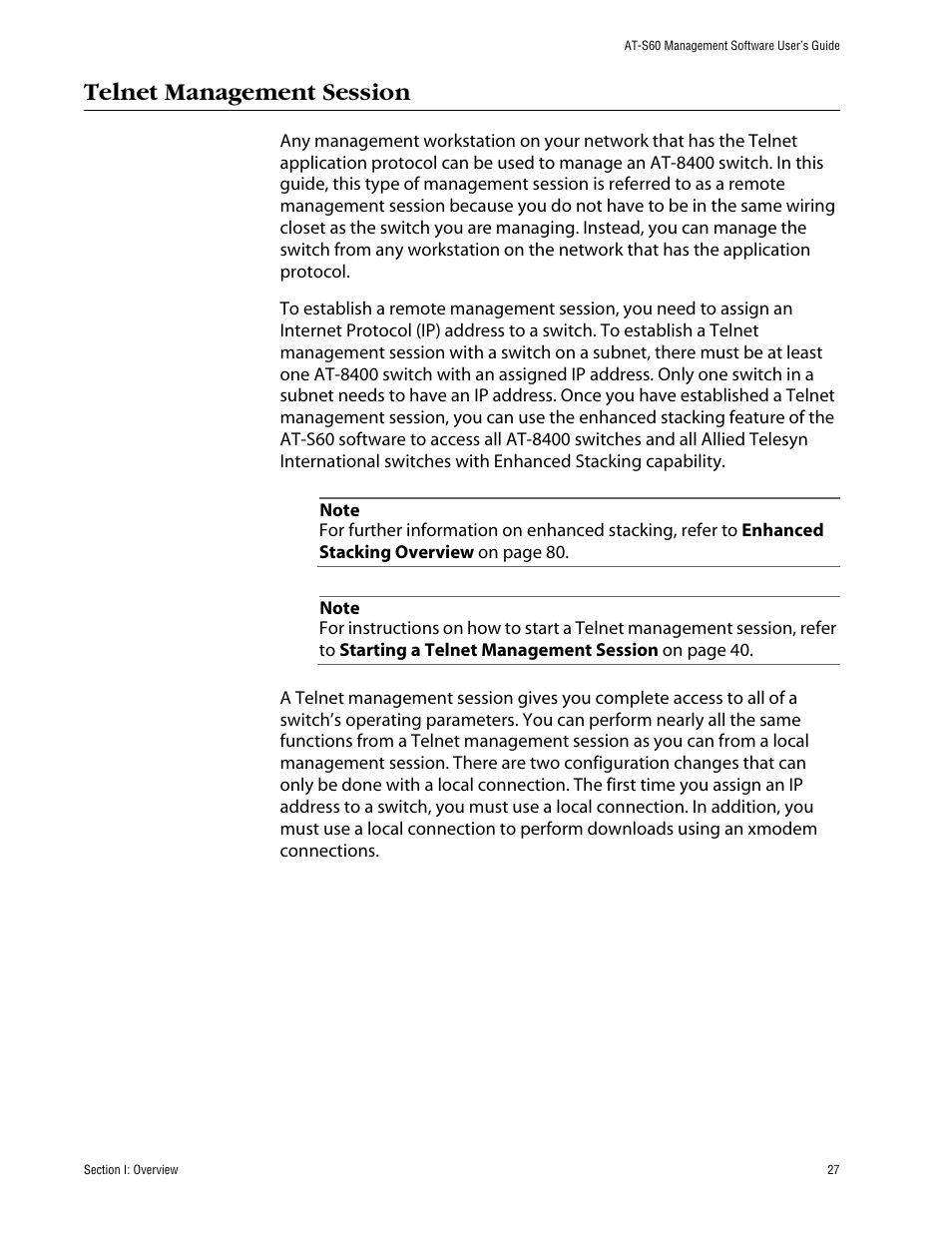 Telnet management session | Allied Telesis AT-S60 User Manual | Page 28 / 615