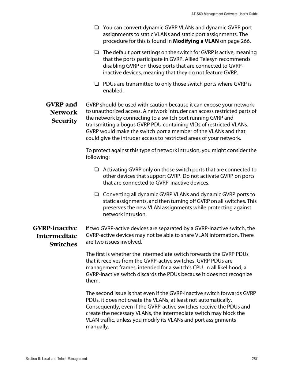 Gvrp and network security, Gvrp-inactive intermediate switches | Allied Telesis AT-S60 User Manual | Page 288 / 615