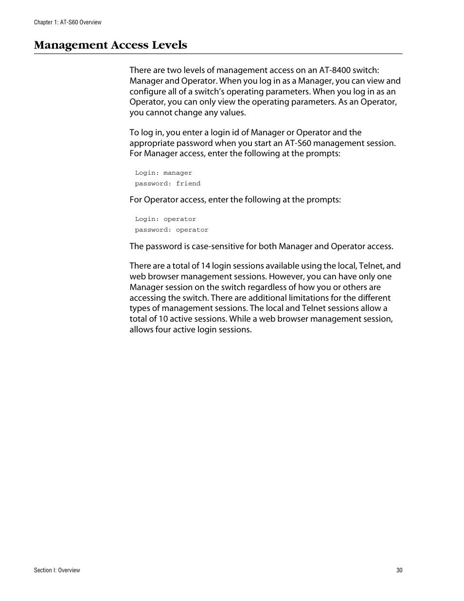 Management access levels | Allied Telesis AT-S60 User Manual | Page 31 / 615