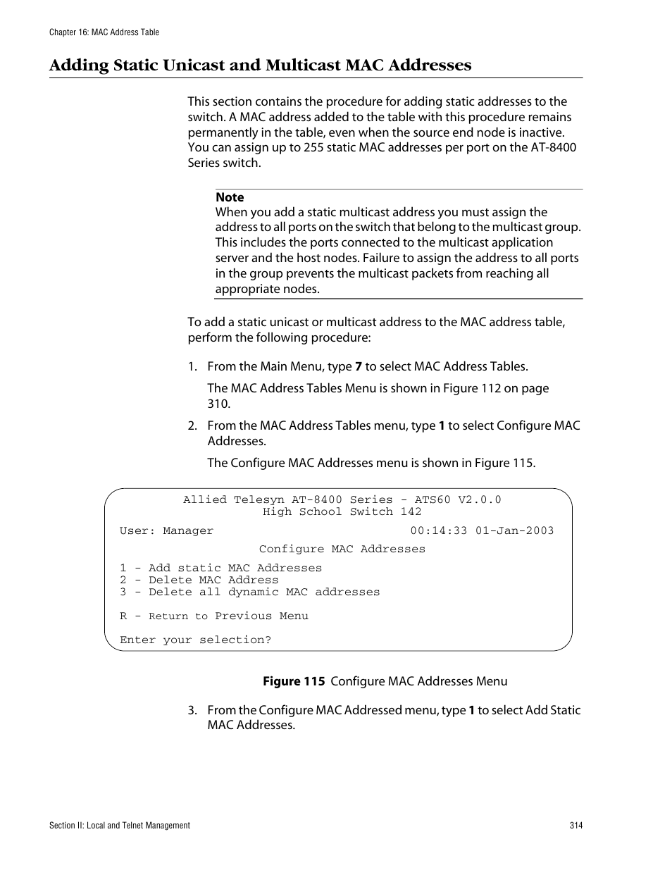 Adding static unicast and multicast mac addresses | Allied Telesis AT-S60 User Manual | Page 315 / 615