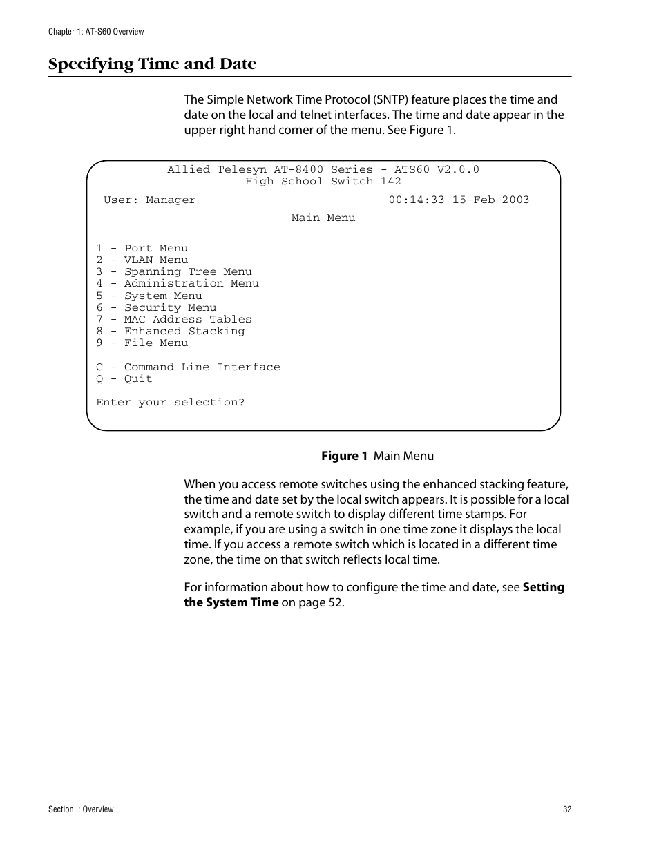 Specifying time and date | Allied Telesis AT-S60 User Manual | Page 33 / 615