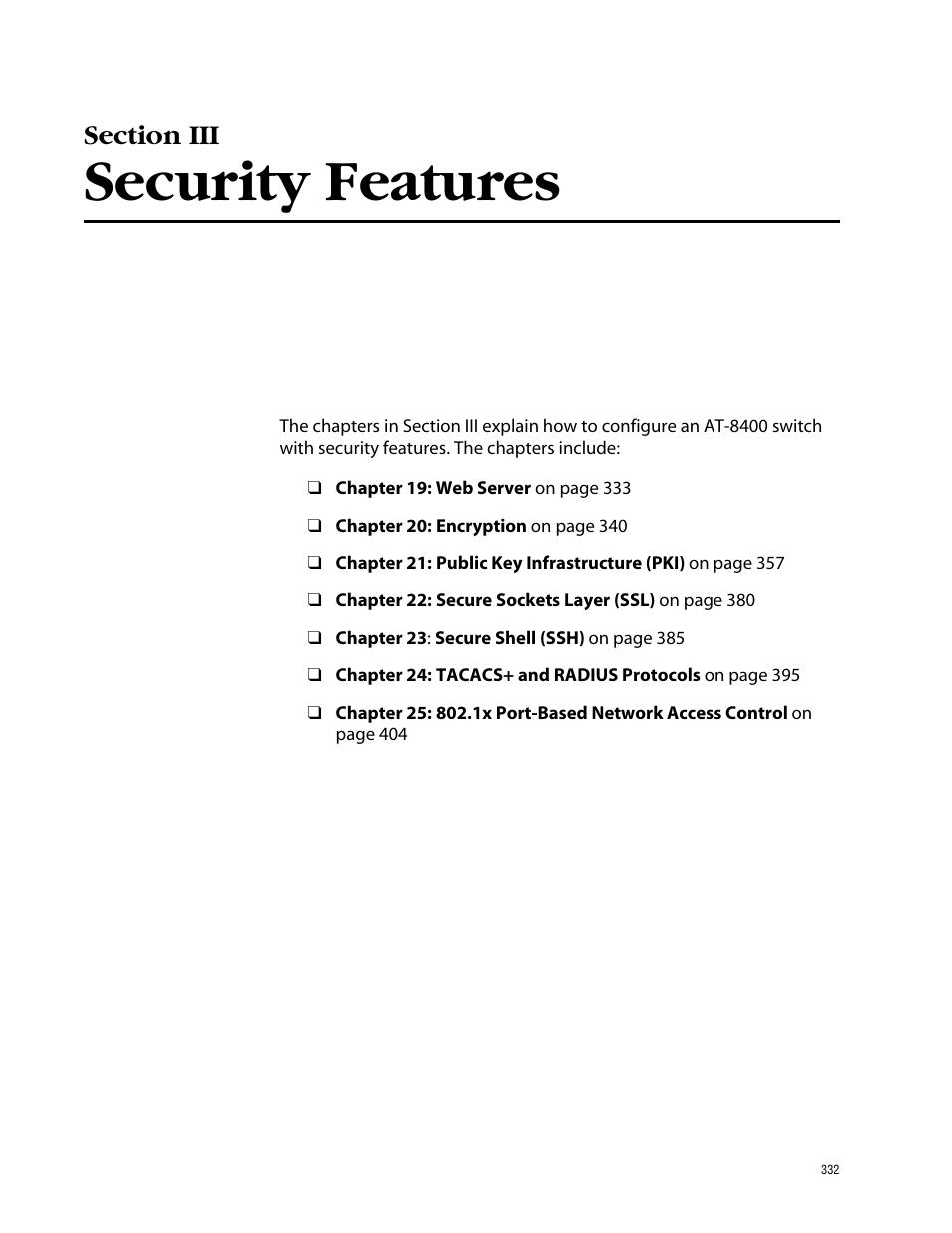 Section iii, Security features, Section iii security features | Allied Telesis AT-S60 User Manual | Page 333 / 615
