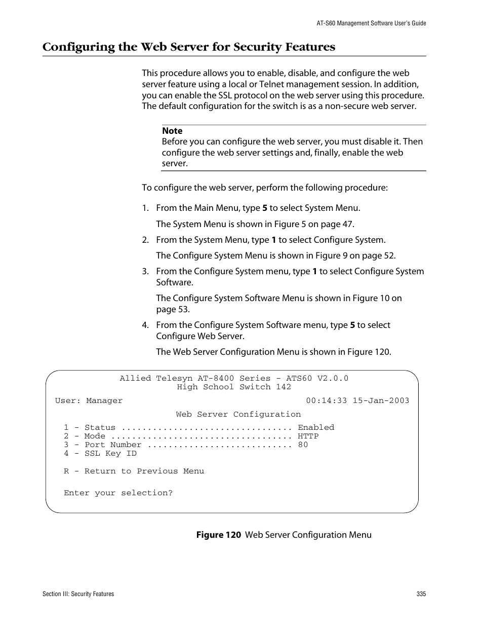 Configuring the web server for security features | Allied Telesis AT-S60 User Manual | Page 336 / 615