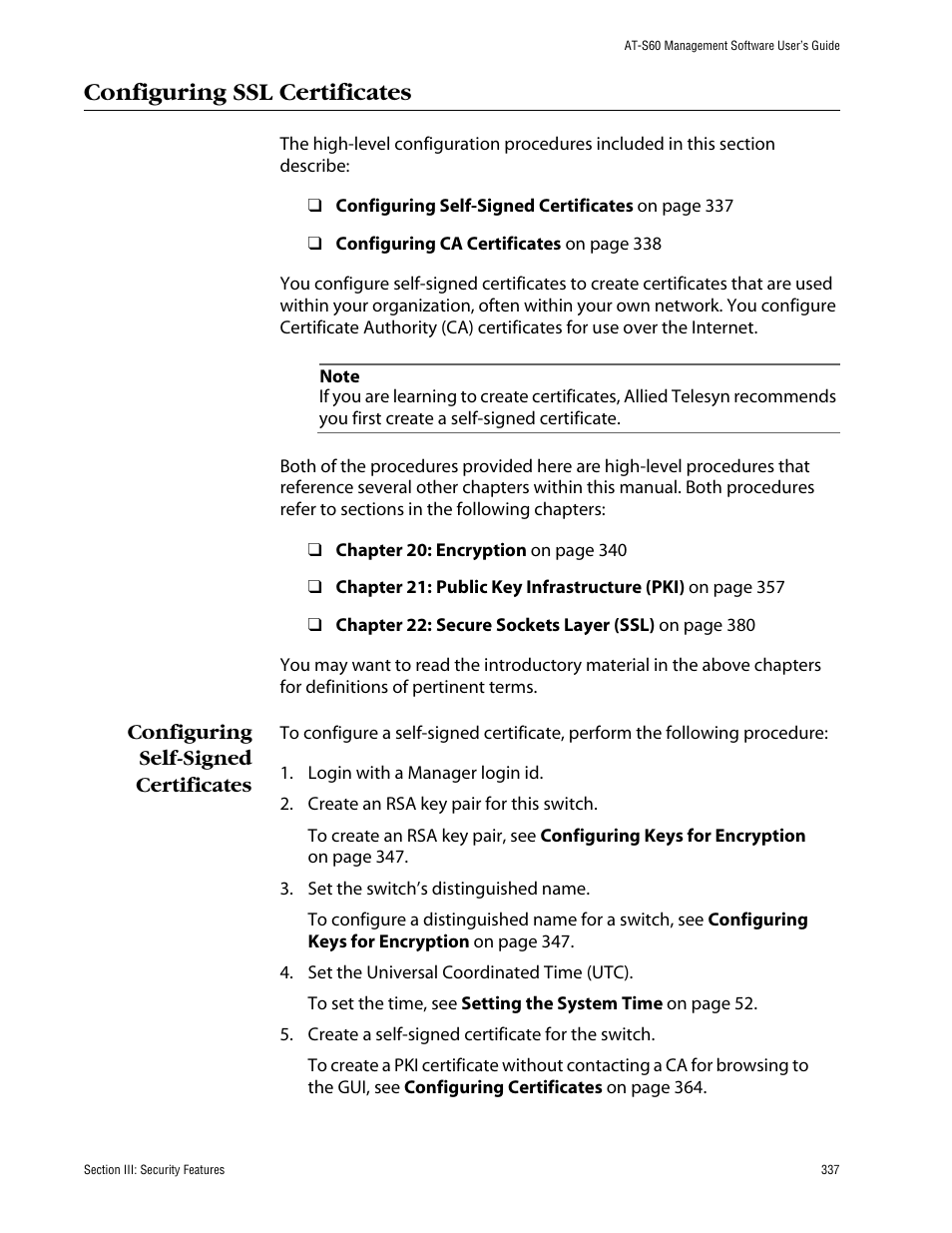 Configuring ssl certificates, Configuring self-signed certificates | Allied Telesis AT-S60 User Manual | Page 338 / 615