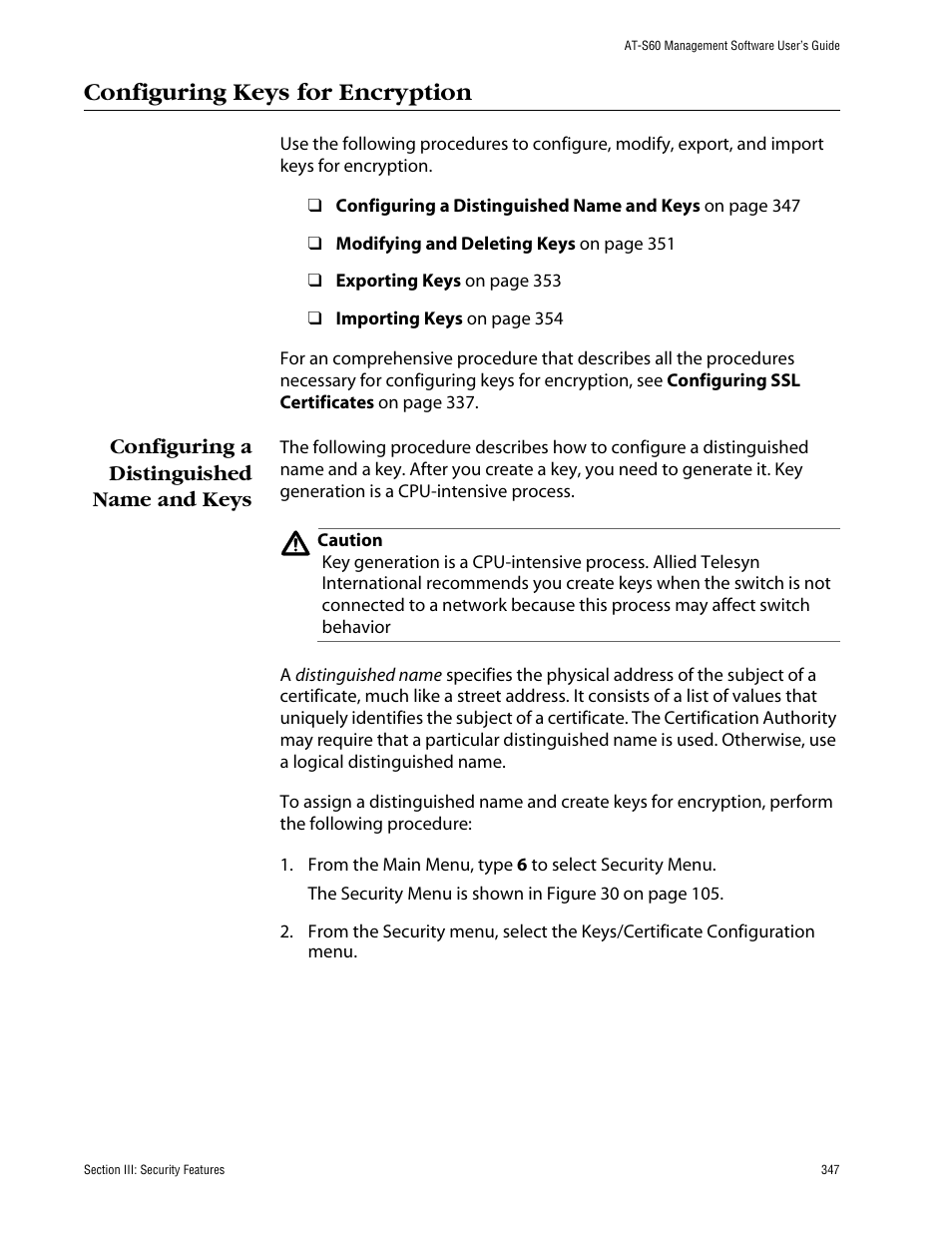 Configuring keys for encryption, Configuring a distinguished name and keys | Allied Telesis AT-S60 User Manual | Page 348 / 615