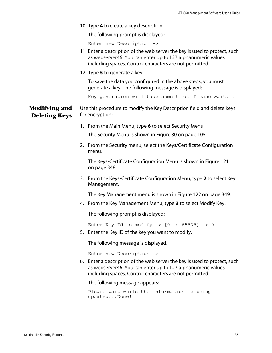 Modifying and deleting keys | Allied Telesis AT-S60 User Manual | Page 352 / 615