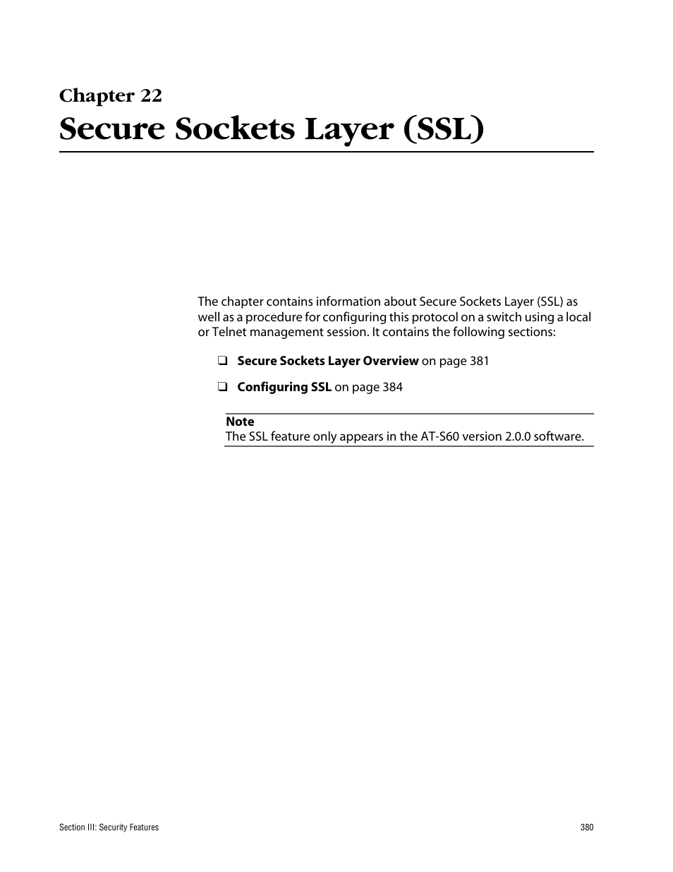 Chapter 22, Secure sockets layer (ssl) | Allied Telesis AT-S60 User Manual | Page 381 / 615