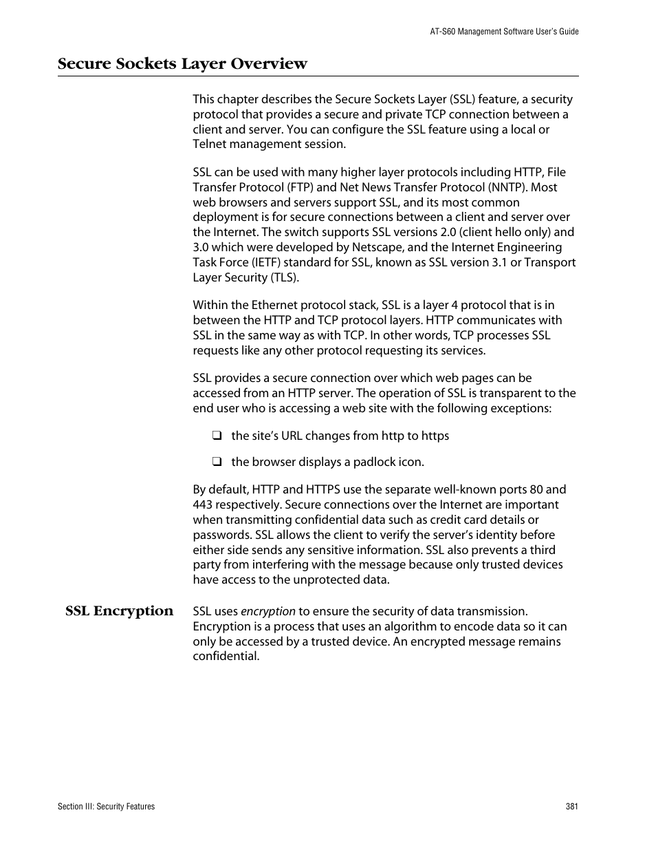 Secure sockets layer overview, Ssl encryption | Allied Telesis AT-S60 User Manual | Page 382 / 615