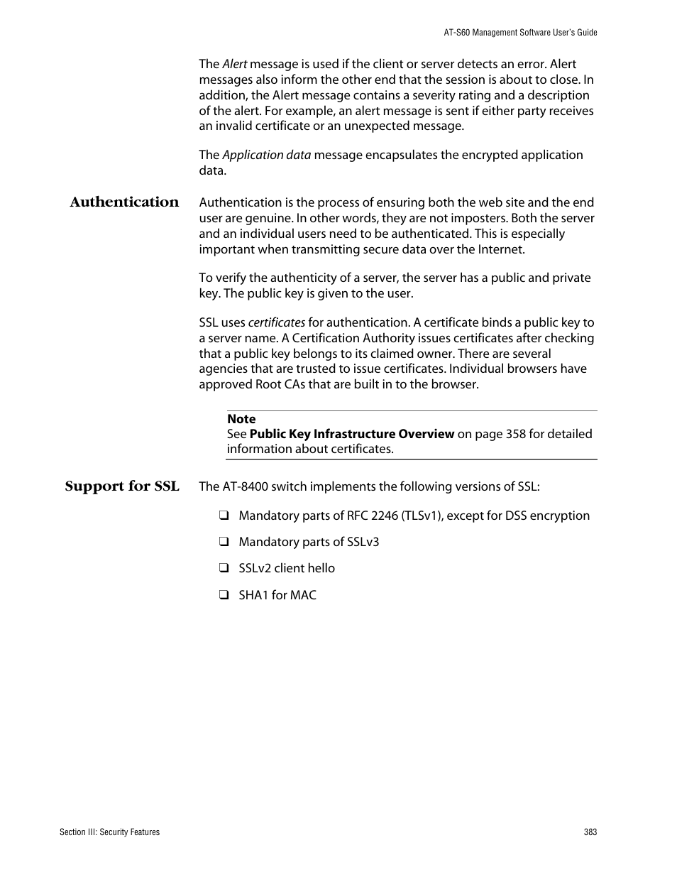 Authentication, Support for ssl, Authentication support for ssl | Allied Telesis AT-S60 User Manual | Page 384 / 615
