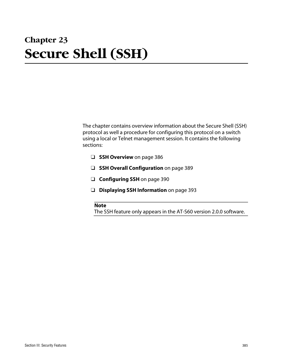 Chapter 23, Secure shell (ssh) | Allied Telesis AT-S60 User Manual | Page 386 / 615