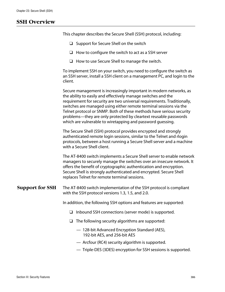 Ssh overview, Support for ssh | Allied Telesis AT-S60 User Manual | Page 387 / 615
