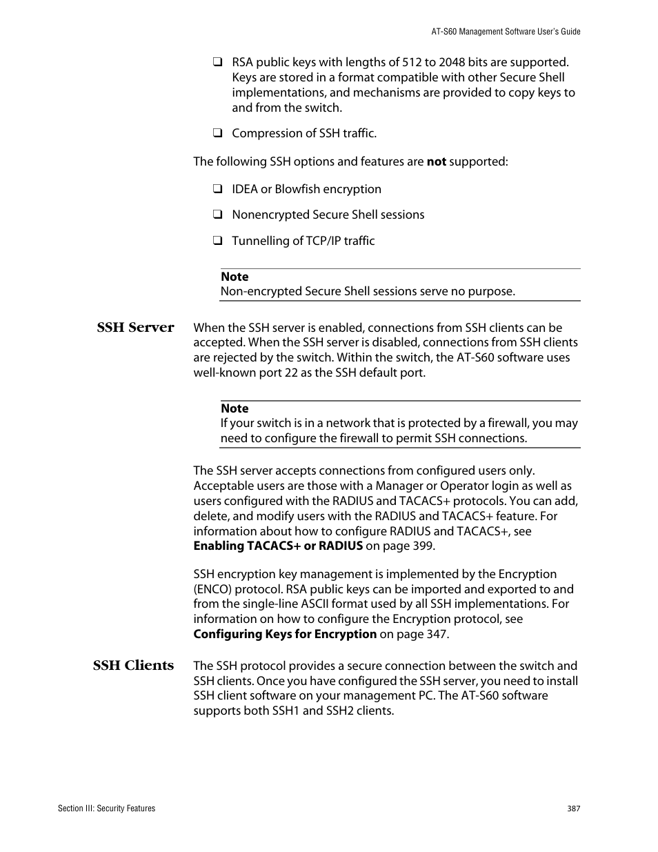 Ssh server, Ssh clients, Ssh server ssh clients | Allied Telesis AT-S60 User Manual | Page 388 / 615