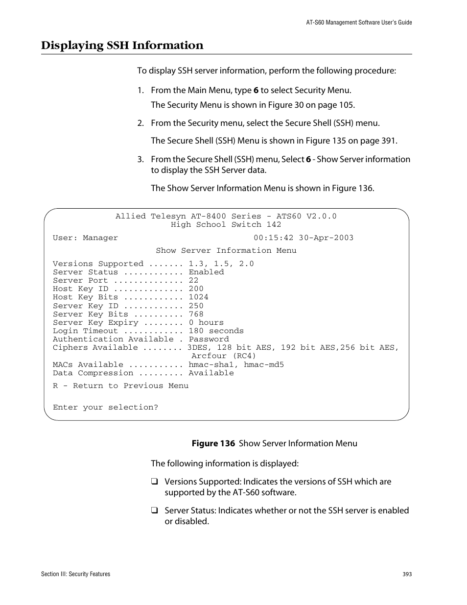 Displaying ssh information | Allied Telesis AT-S60 User Manual | Page 394 / 615