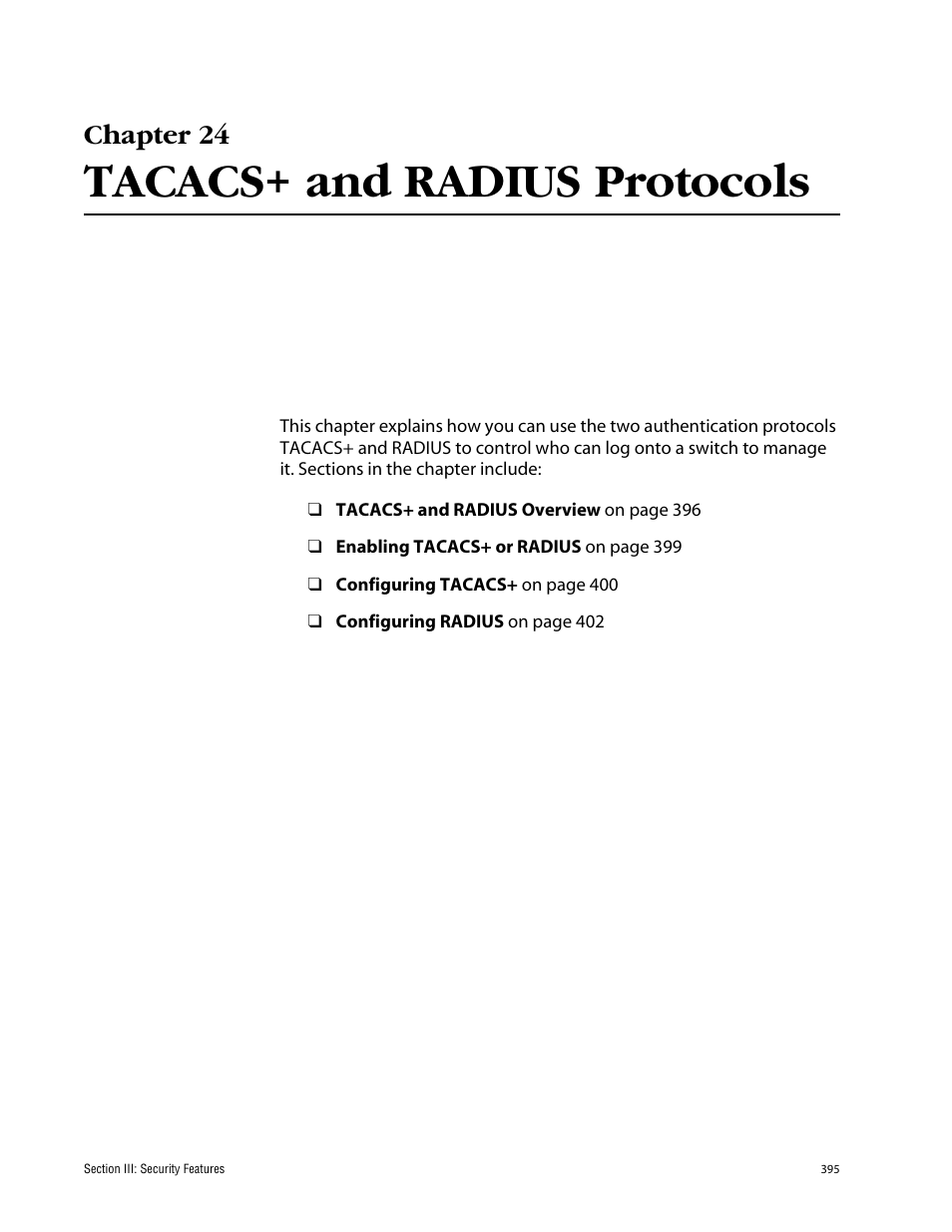 Chapter 24, Tacacs+ and radius protocols | Allied Telesis AT-S60 User Manual | Page 396 / 615