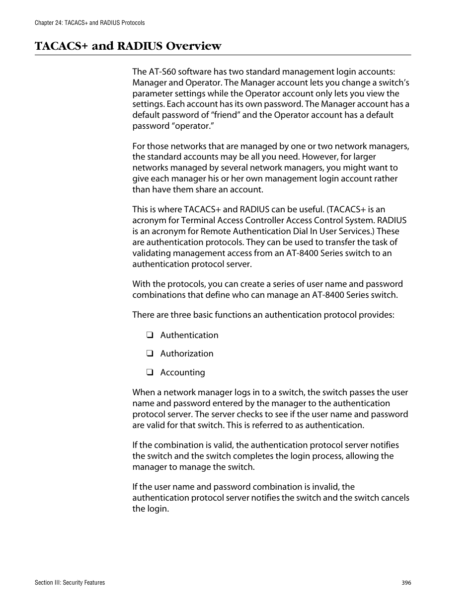 Tacacs+ and radius overview | Allied Telesis AT-S60 User Manual | Page 397 / 615