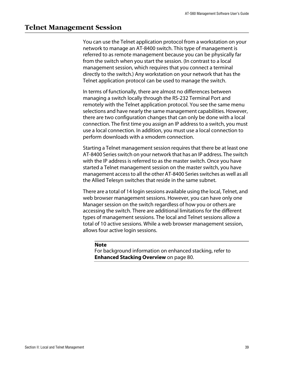 Telnet management session | Allied Telesis AT-S60 User Manual | Page 40 / 615