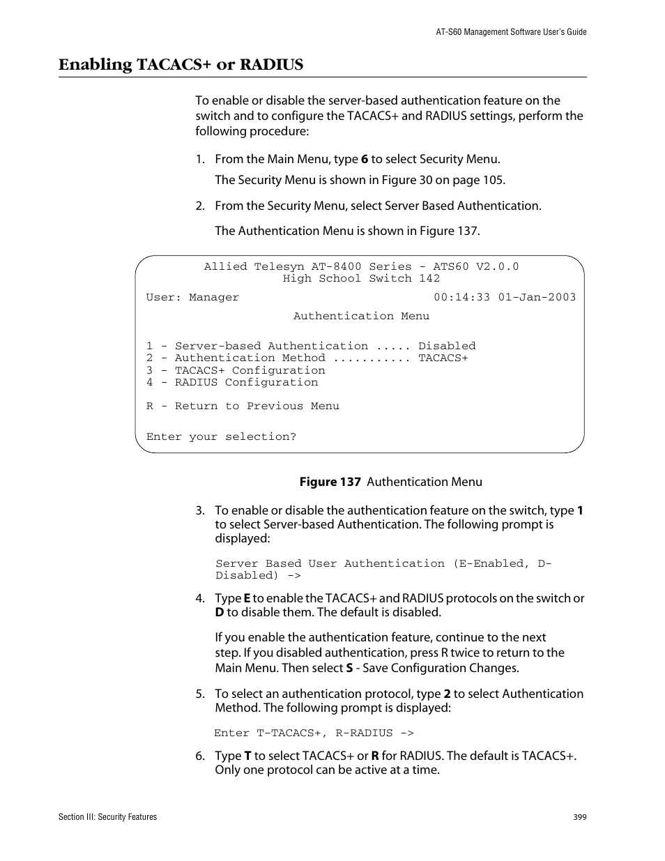 Enabling tacacs+ or radius | Allied Telesis AT-S60 User Manual | Page 400 / 615