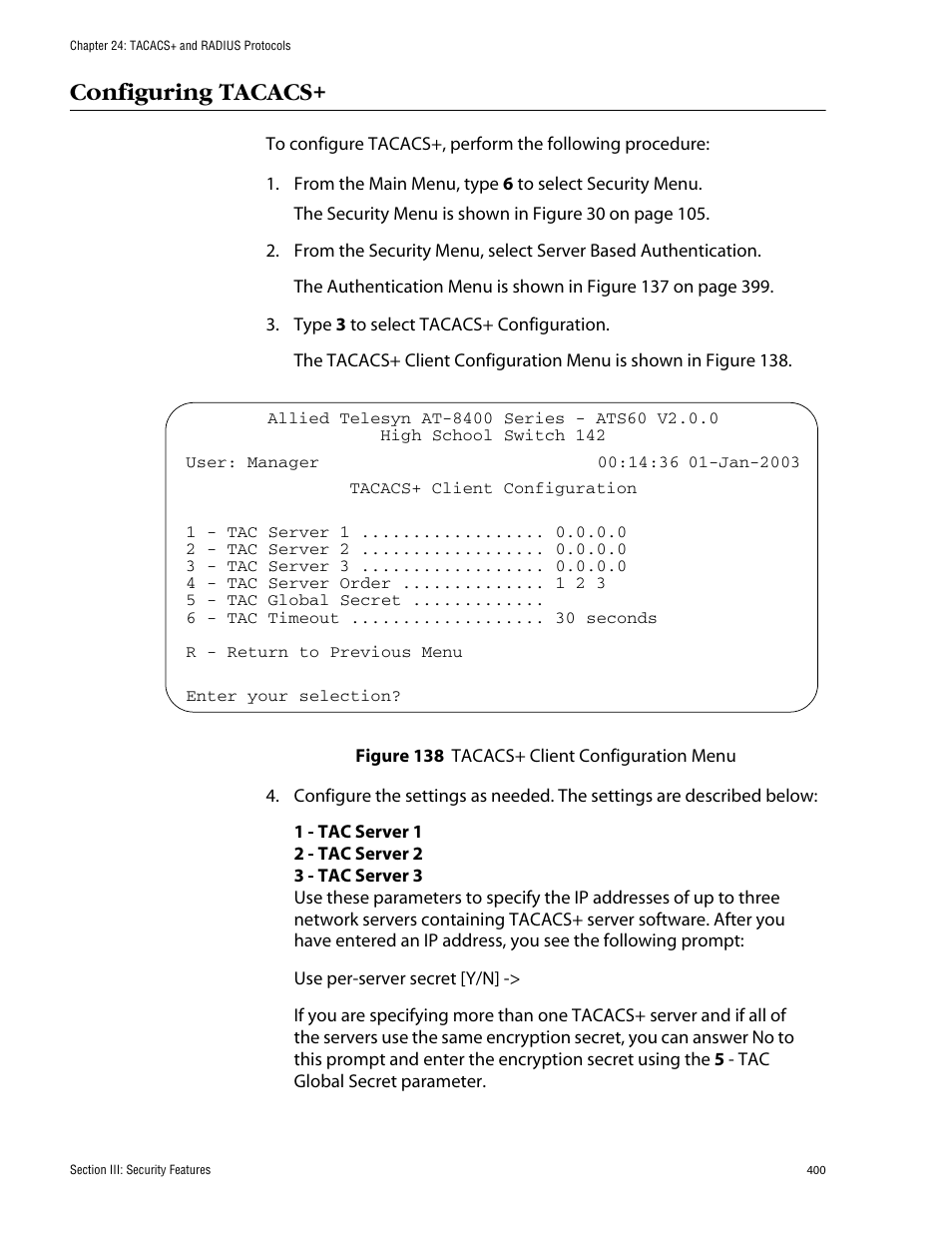 Configuring tacacs | Allied Telesis AT-S60 User Manual | Page 401 / 615