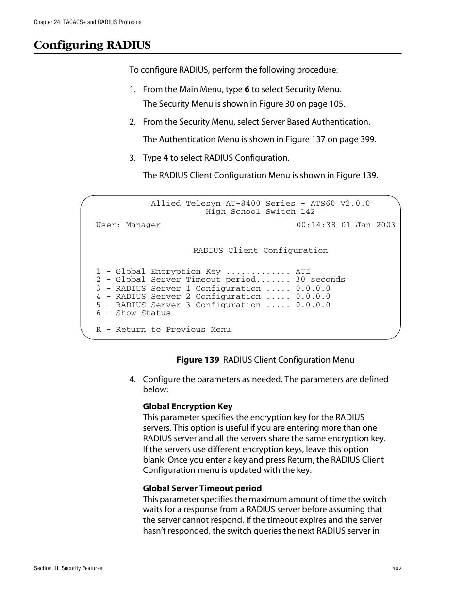 Configuring radius | Allied Telesis AT-S60 User Manual | Page 403 / 615
